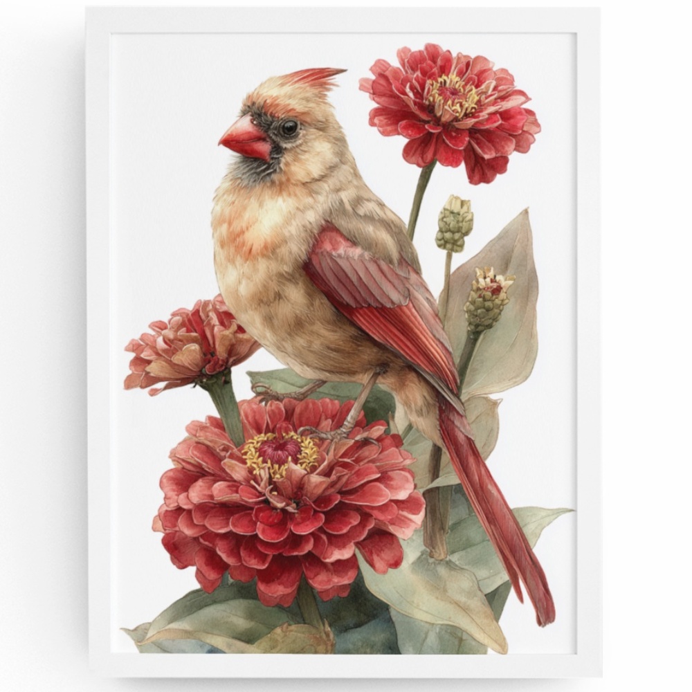 Watercolor Female Cardinal Bird with Flowers Wall Art Print Unframed